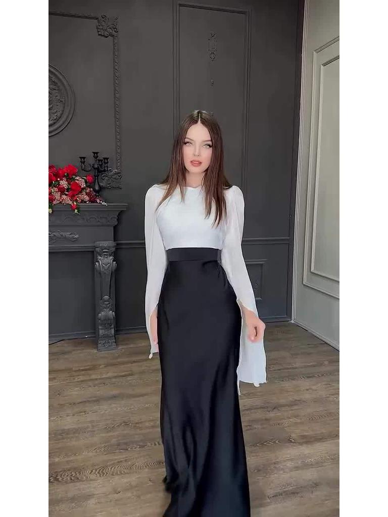 European & American 2024 Autumn Organza Satin Slim Dress with Large Swing Sleeves