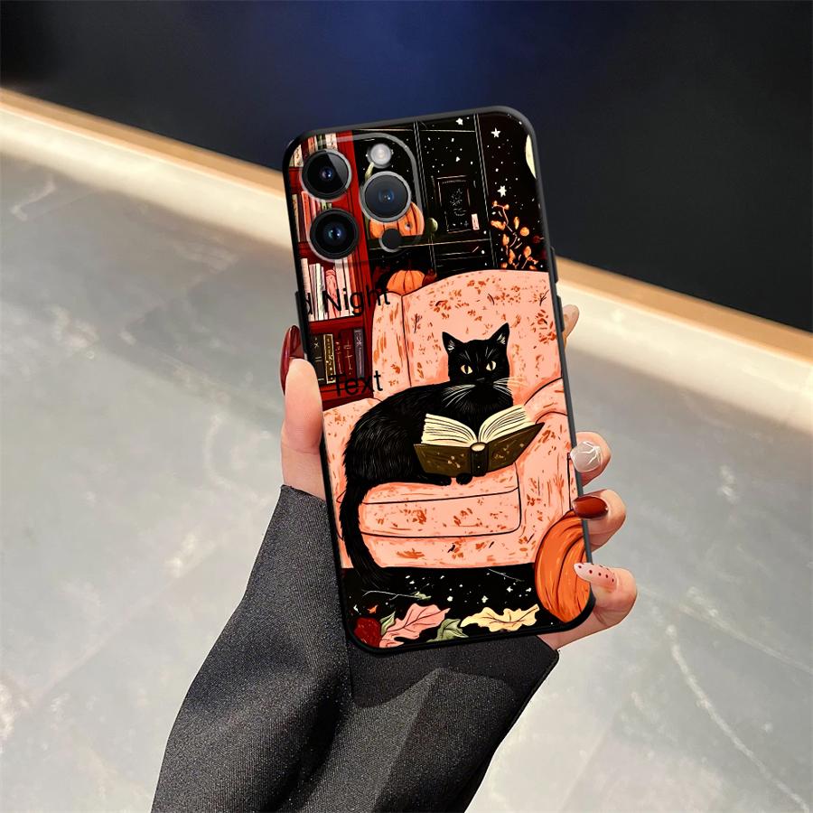 Черный Мягкий Чехол для Телефона для iPhone 17Air XS Max XR 7 8 15 16 14 Plus 13 12 11 17 Pro Max Мультяшный Кот