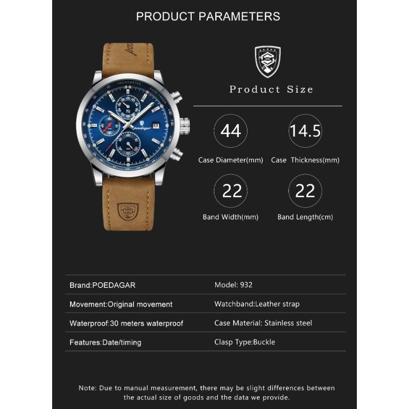 Новые мужские часы POEDAGAR Brand Luxury Leather Strap Водонепроницаемые спортивные кварцевые часы с хронографом, военные часы для мужчин