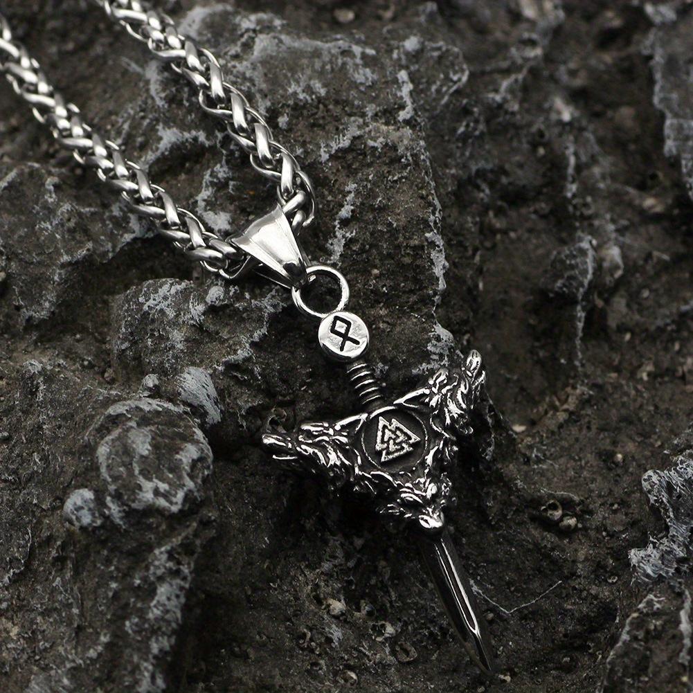 Double Wolf Head Sword Small Pendant Viking Rune Triangle Jewelry Necklace