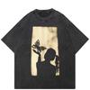 Streetwear Shadow Graphic T-Shirt Cotton Washed Black Tshirt Unisex Tops Tees Summer Short Sleeves T Shirt