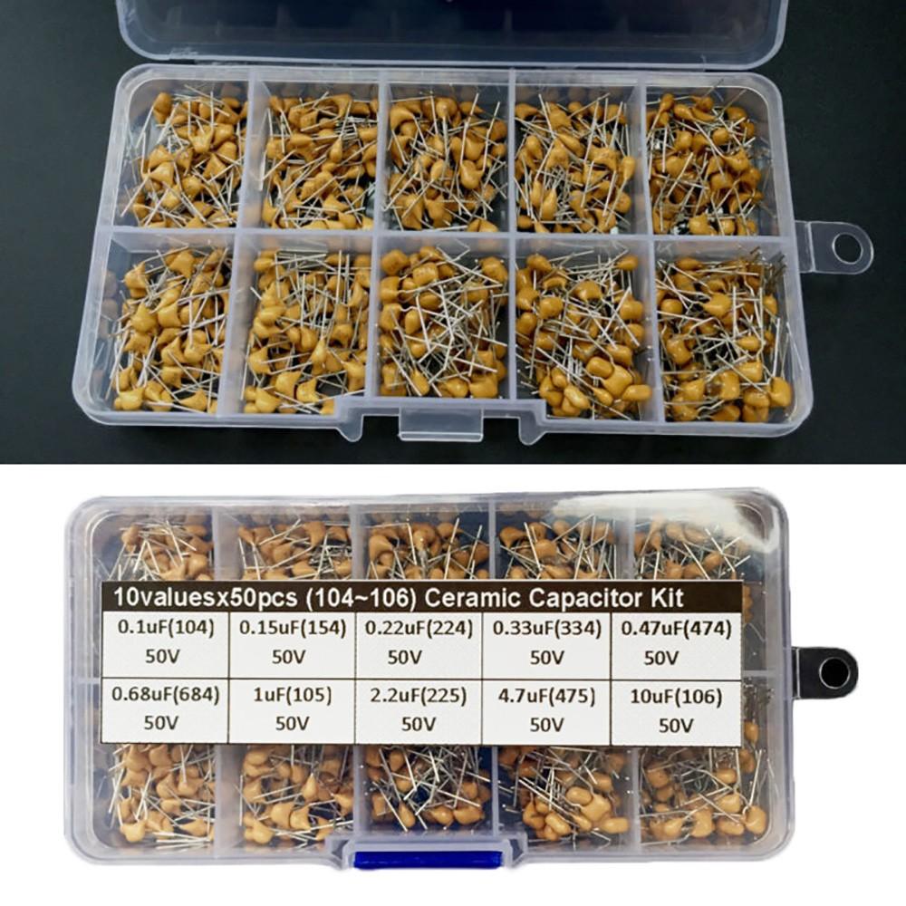 500pcs 10 Values 0.1uF~10uF 50V Ceramic Capacitor Assorted Kit Assortment Set
