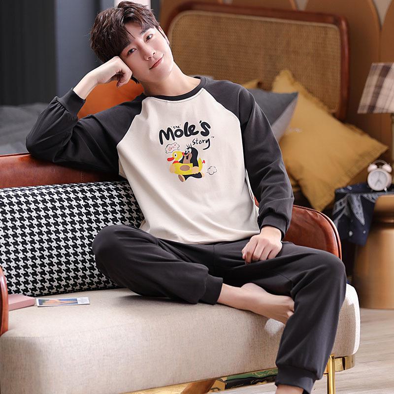 Двусторонняя хлопковая пижама с длинными рукавами и рисунком для пар для мужчин – повседневная одежда на осень/зиму