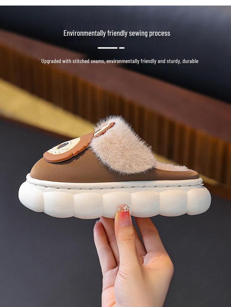 Waterproof PU Leather Cartoon Plush Slippers for Kids - Non-Slip, Cozy for Autumn & Winter