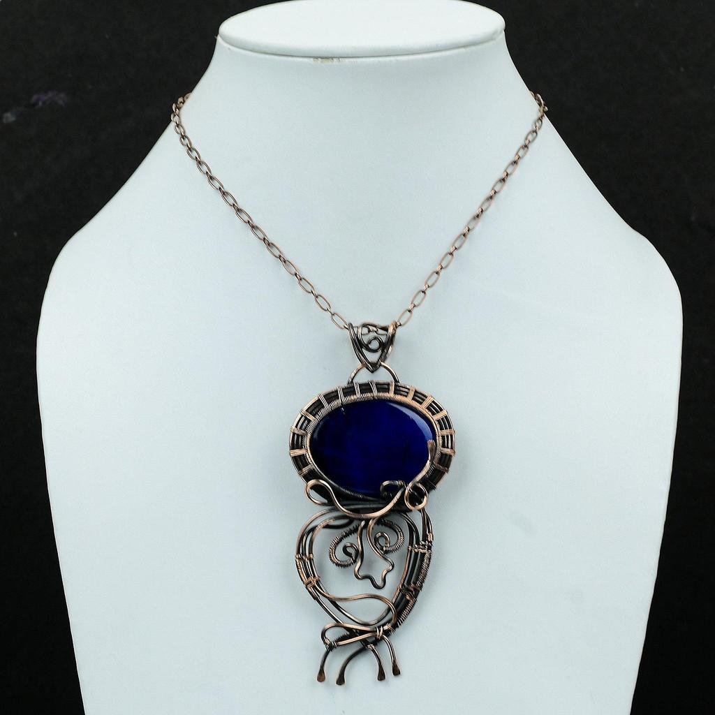 Подвеска из синего огненного лабрадорита, подвеска из медной проволоки, ювелирное изделие ручной работы, подвеска из настоящего драгоценного камня, дизайнерское ювелирное изделие из меди, подарок на годовщину