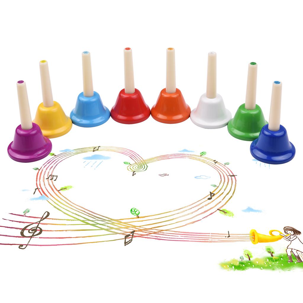 8pcs Colorful Handbell 8 Note Diatonic Metal Hand Bells Set Tinkle Bells Percussion Instrument