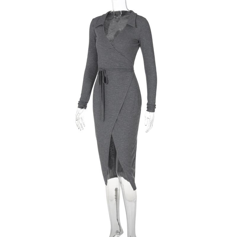 Long Sleeve Dress Sexy Bag Hip Tie Waist Slit Long Dress