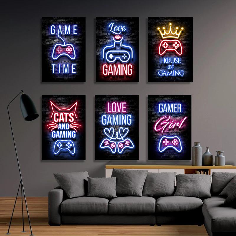 Модный ретро игровой неоновый постер и принты, современная картина на холсте, настенная художественная картина для мальчика-геймера, украшение для спальни, дома