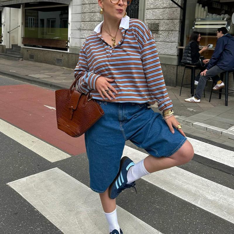 American Retro Autumn Winter V-Neck Color-Block Striped Long Sleeve T-Shirt Women's Cool and Spicy Personality Fashion Long Sleeve Top