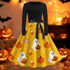 Womens Casual Long Sleeve Dress Halloween Print Fit and Flare A Line Dress with Round Neck and Waist Tie Belt for Everyday Wear