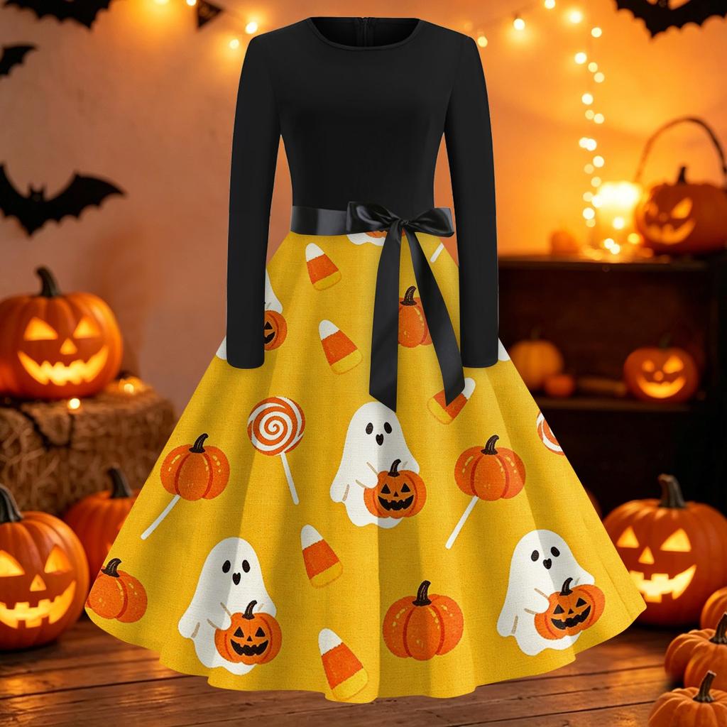 Womens Casual Long Sleeve Dress Halloween Print Fit and Flare A Line Dress with Round Neck and Waist Tie Belt for Everyday Wear