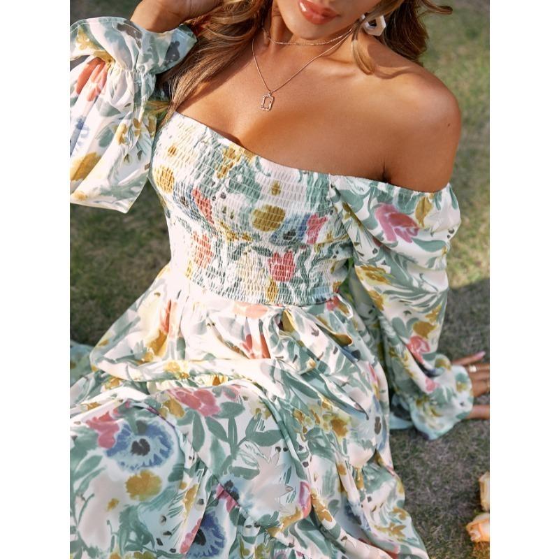 Summer Square Collar Floral Print Dress Women Elegant Fashion Long Sleeve Vintage Dress Plus Size High Waist A-line Party Loose Casual Dresses 1330