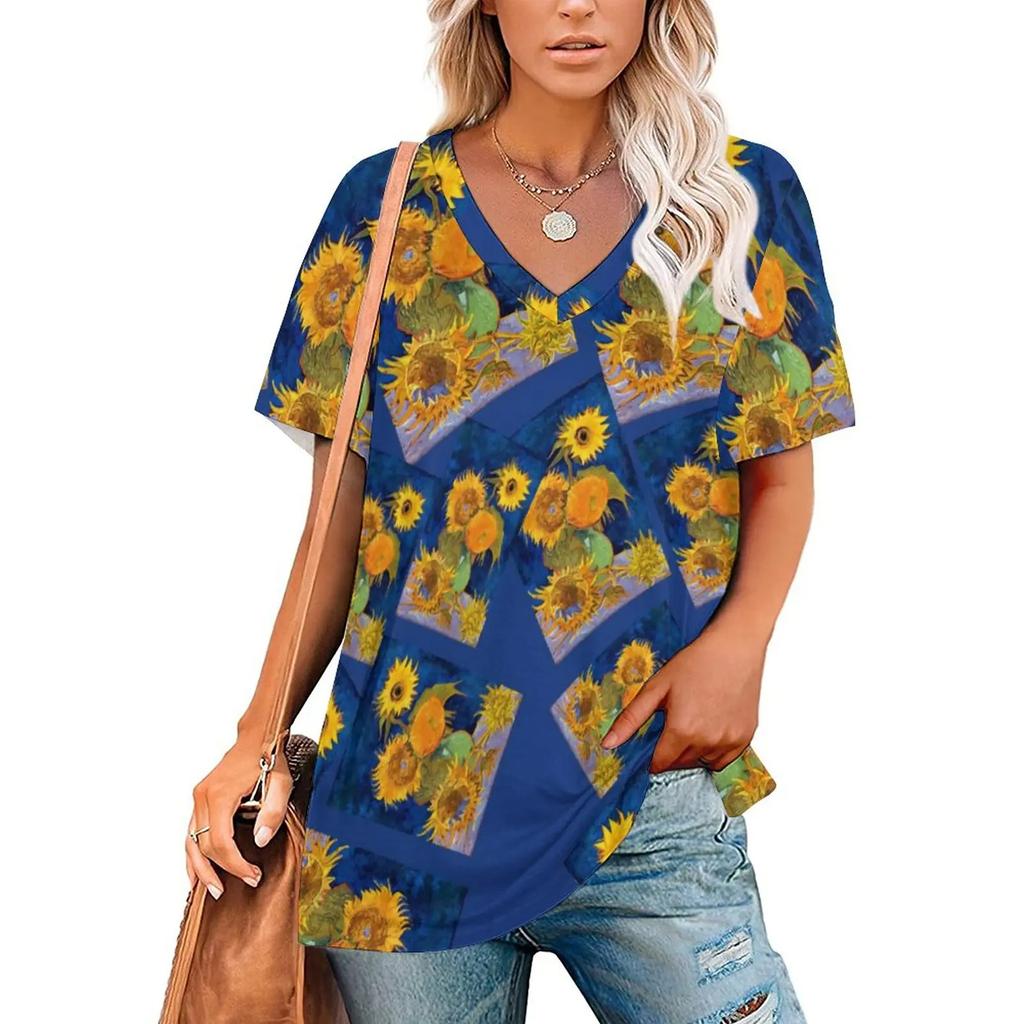 Van Gogh T-Shirts Oil Painting 3D Print Women Short Sleeve T Shirt V-Neck Streetwear Oversized Harajuku Female Tees Top Clothing
