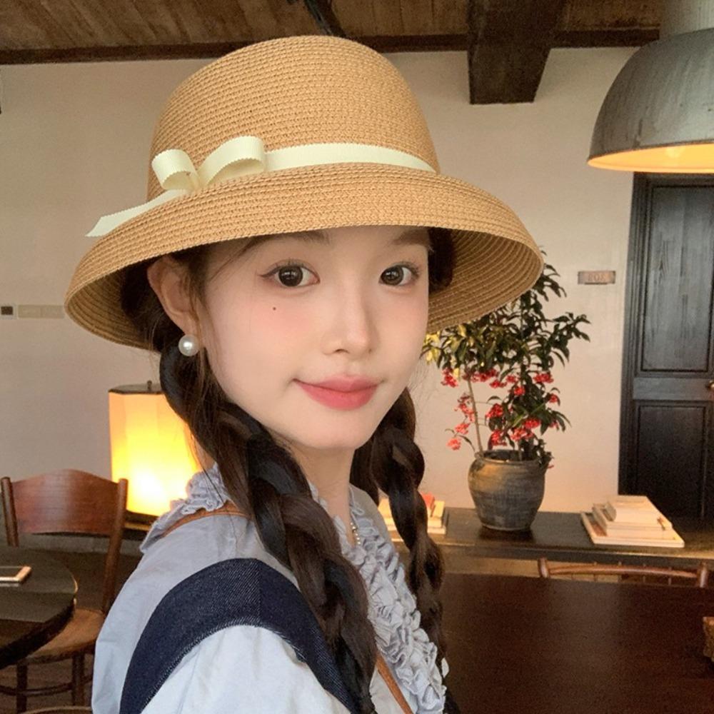 Beach Bow Straw Cap Hepburn Visor Basin Cap New Bucket Sun Hat  Travel