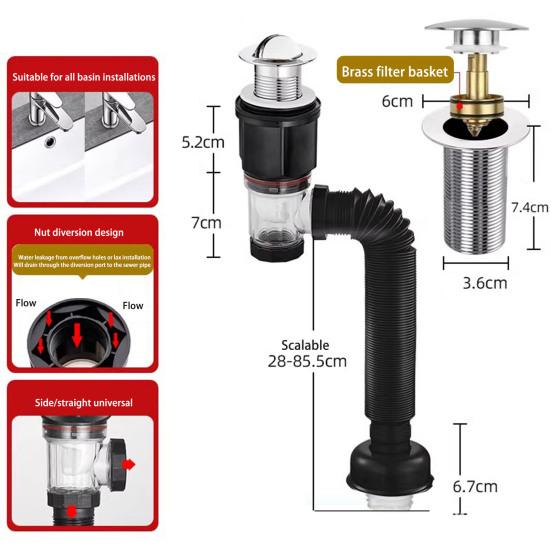 Bathroom Sink Drain Kit with Flexible Expandable P-Trap Leak-Proof Odor Prevention Easy Installation