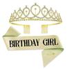 2Pcs/Set Glitter Birthday Party Crown Sash Gold Crystal Crown New Birthday Satin  Party