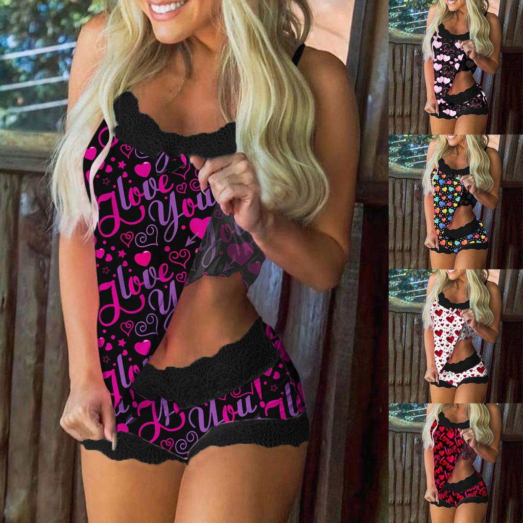 Женские пижамы с принтом без рукавов, кружевные шорты на бретельках, комплект нижнего белья для сна