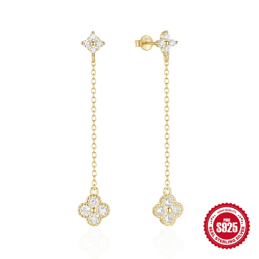 Stylish And Simple Ins Wind S925 Sterling Silver Petal Diamond Chain Tassel Thin Earrings Stud Earrings