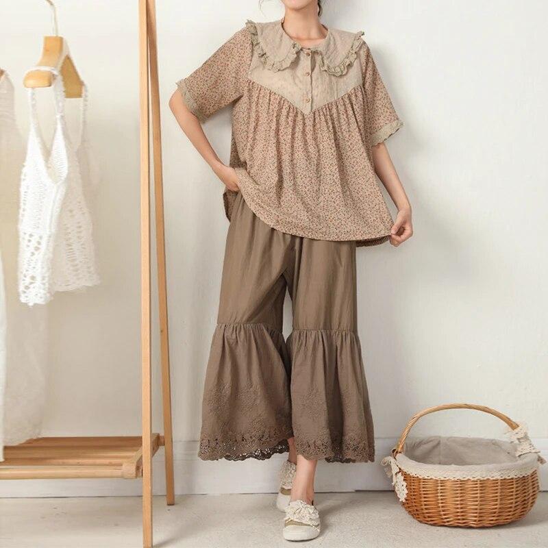 Johnature Summer Ankle-length Boot Cut Pants Mori Vintage Cotton Elastic Waist Solid Color Loose Lace Women Pants