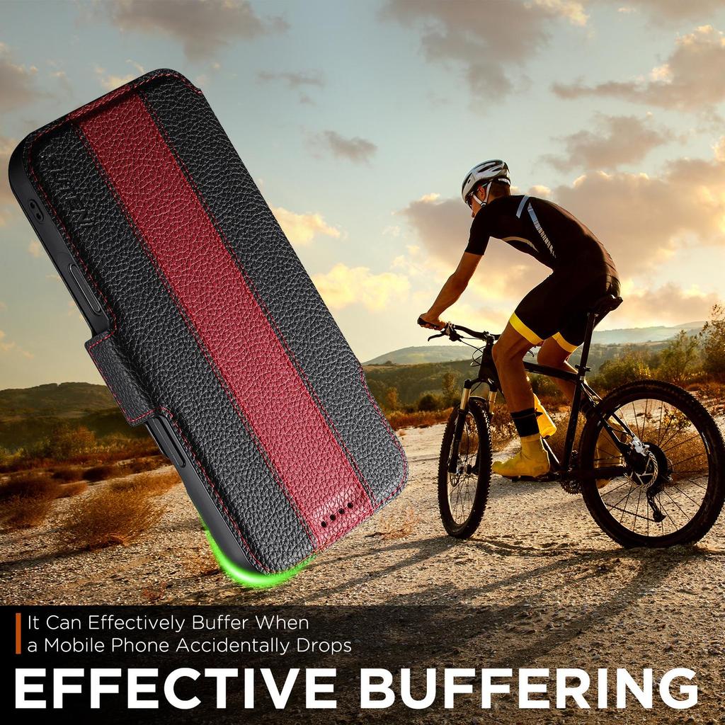 Чехол-книжка для iPhone 17: Слот для карт, Магнитная застежка, Подставка для беспроводной зарядки, Кошелек с цветными блоками, Кожа