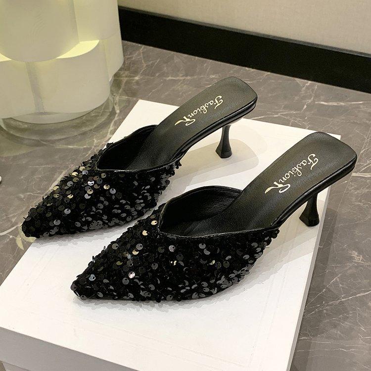 Sequins Fashion High Heels Women's Stilettos 2025 Spring and Summer New Bag Head Half Drag Women's Shoes Summer Wear Cool Slippers Women