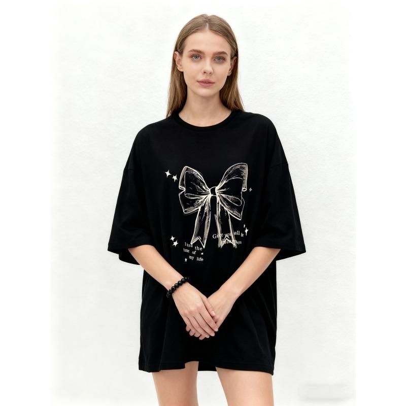 Oversized T Shirt Black Bow Print With Stars And Text Graphic Tee For Casual Wear