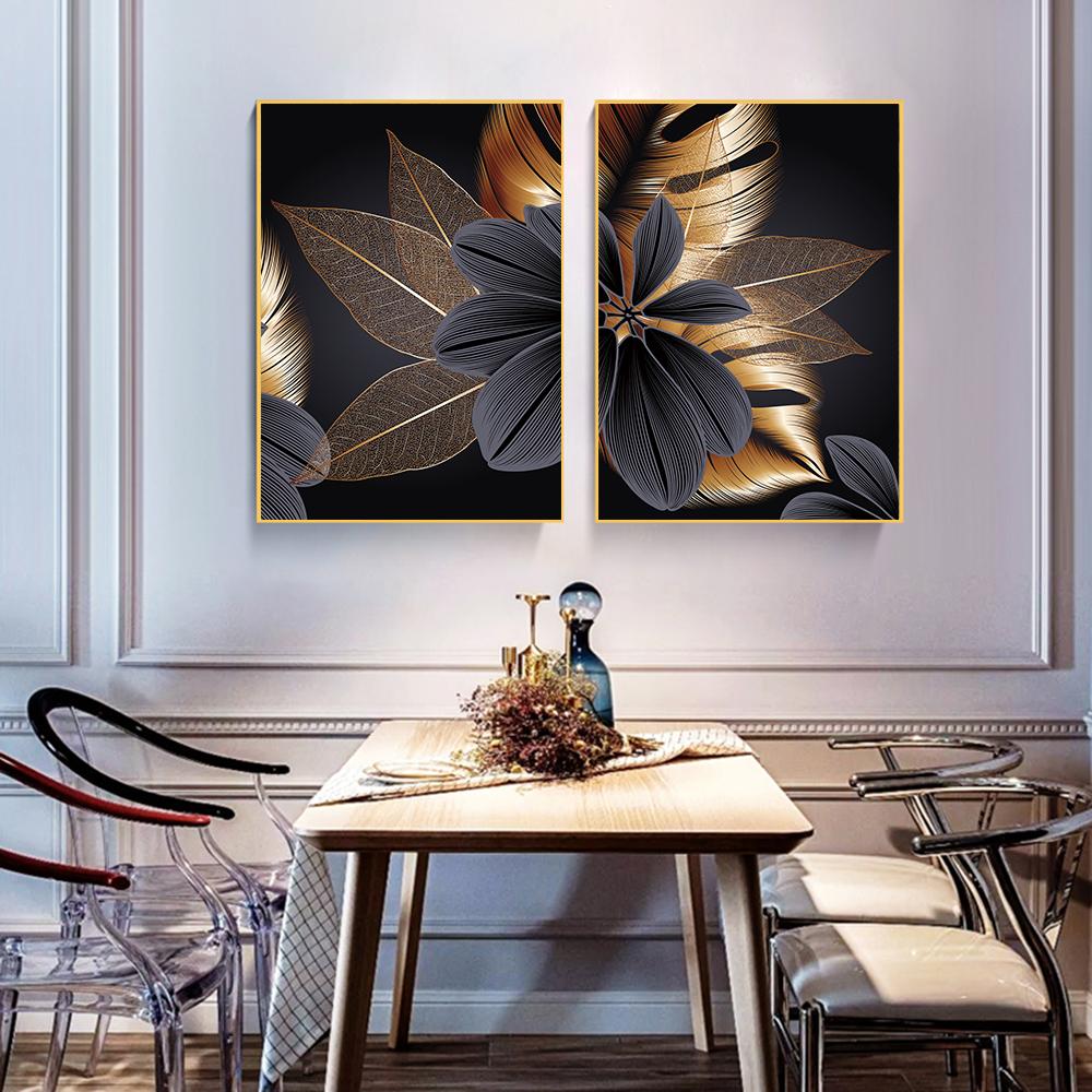Скандинавский черно-красный монстр из листьев, золотые растения, цветы, холст, постер, картины, роскошный интерьерный принт, абстрактное изображение в формате HD