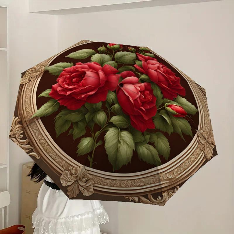 1pc Roses in Ornate Frame Umbrella with Plastic Handle,Suitable for All Seasons Home Travel Outdoor UmbrellaDD1239