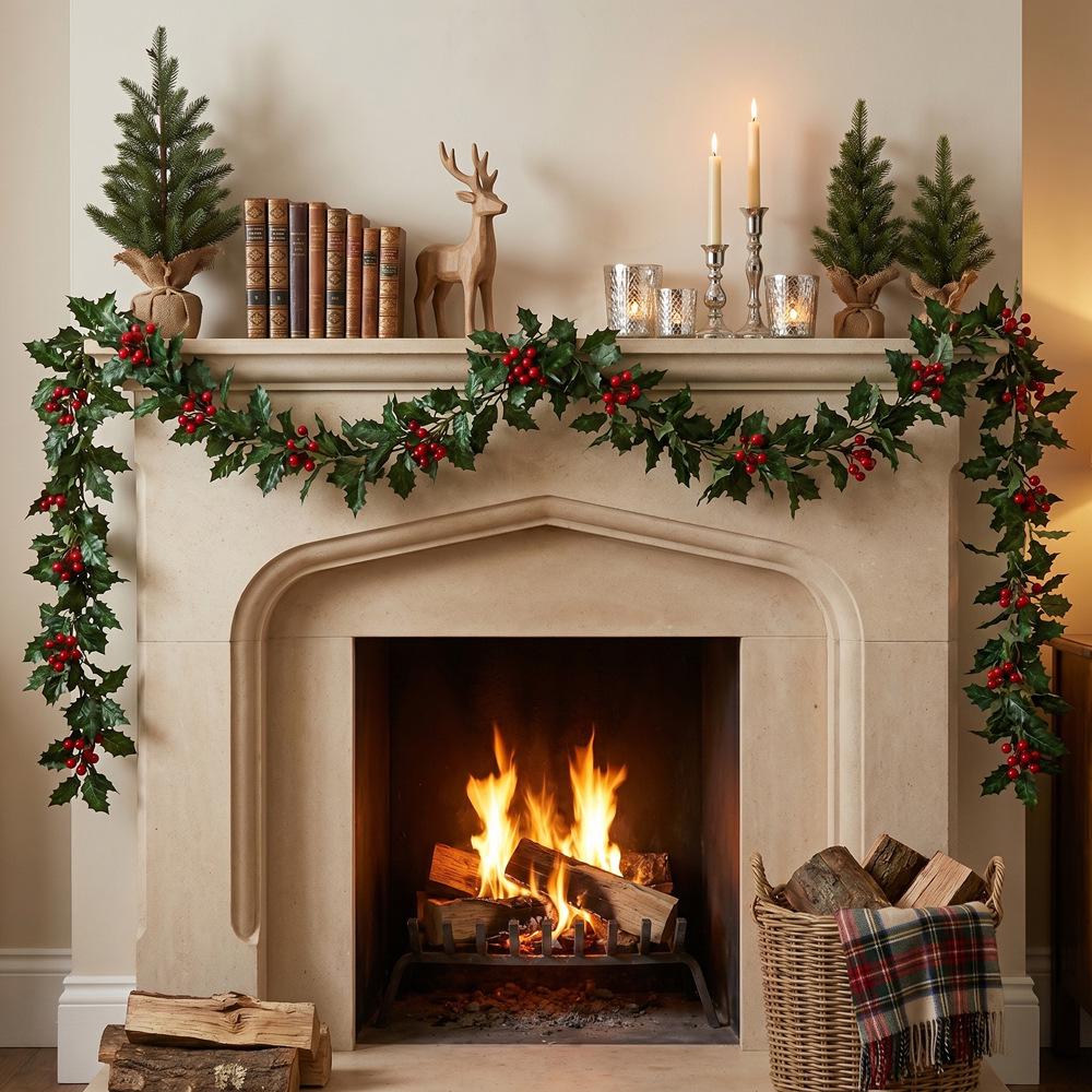 European Festival Holly Berry Vine Décor for Entrance, Window, Fireplace or Christmas Scene
