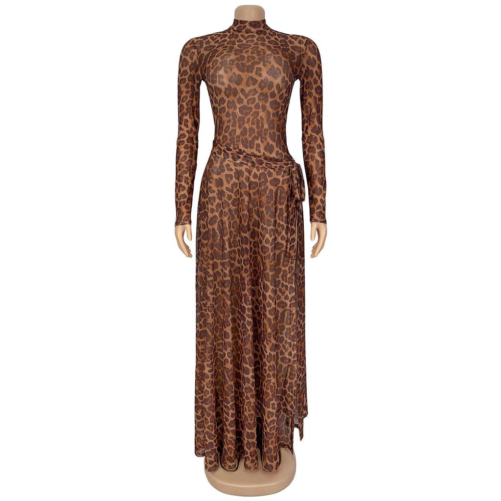 Women's Sexy Leopard Print Long Sleeve Split Dress