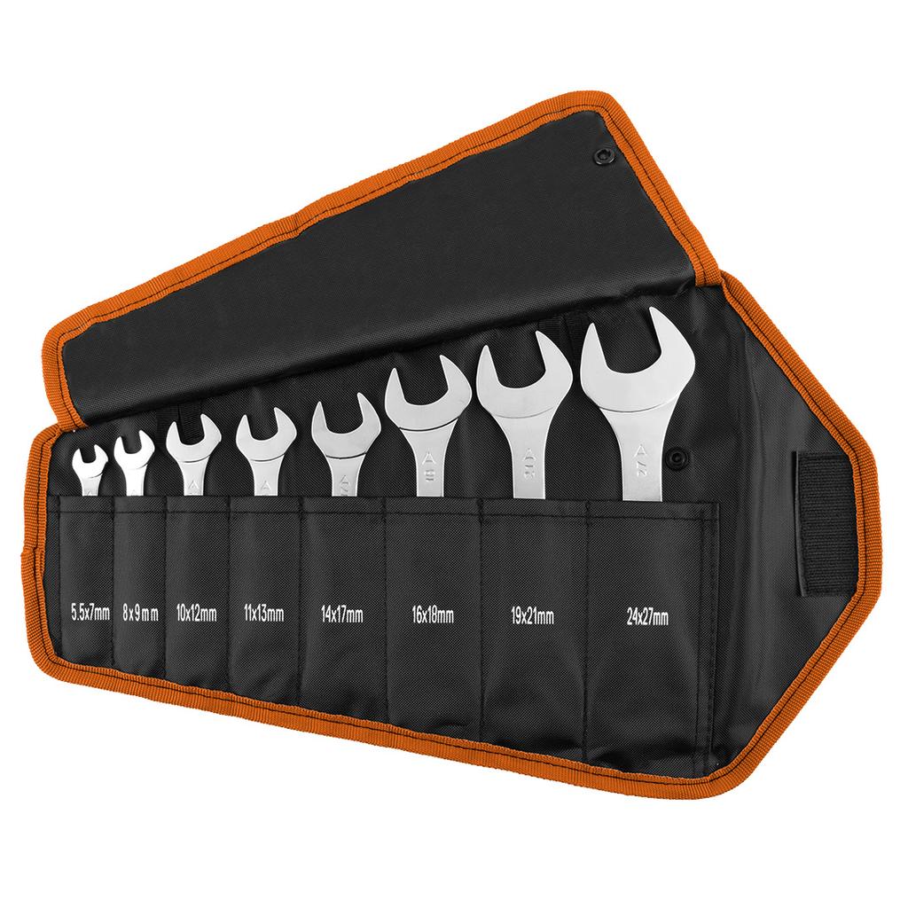 Double-ended open-end wrenches, super thin, 5.5 x 27 mm, set of 8, fabric case