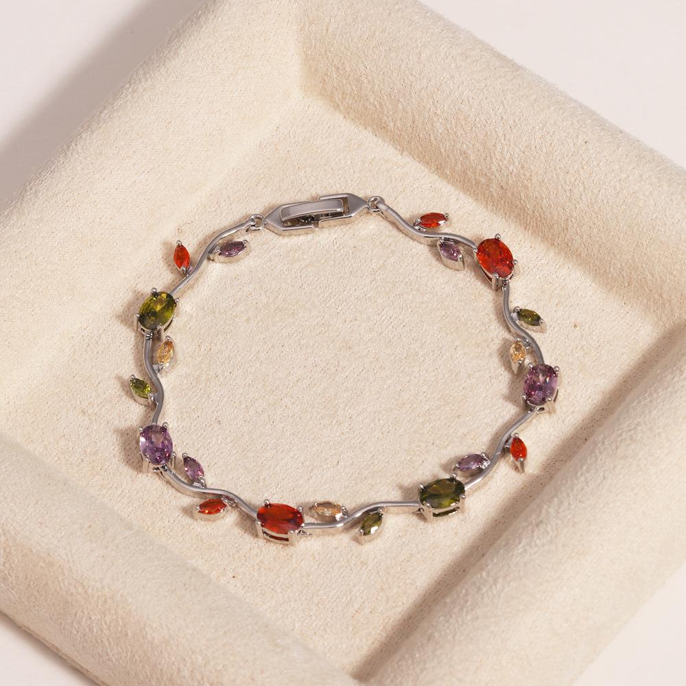18K Real Gold Plated Brass Multi-Color Leaf CZ Trendy Tennis Bracelet Set Wavy Chain Bracelets with Assorted Gemstones