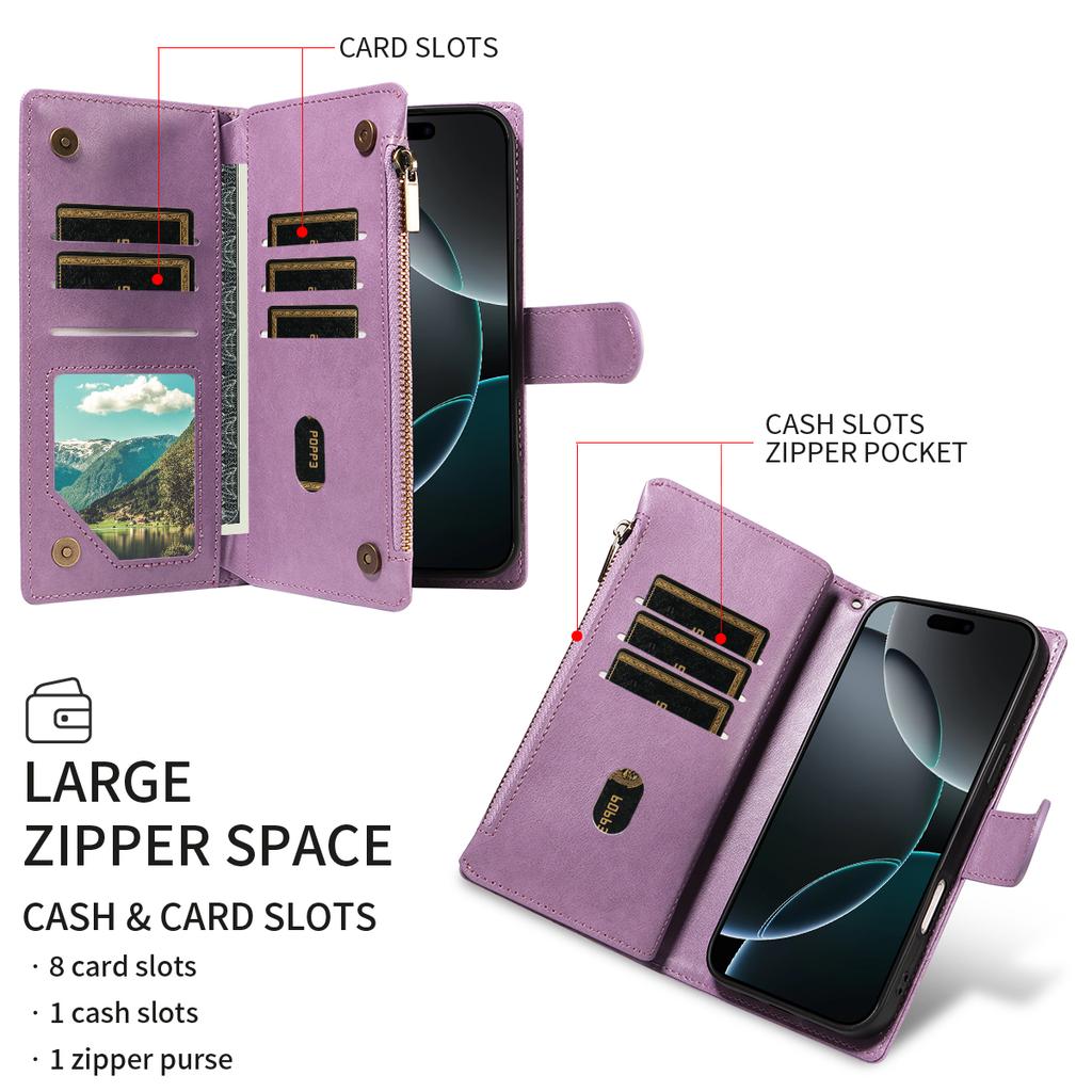 Многофункциональный чехол из искусственной кожи с тиснением и застежкой-молнией для iPhone 16e 16 15 14 13 12 11 с функциями флип, слот для карт, кошелек, держатель