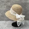 Милая шляпа-канотье с кружевным бантом и лентами, женская весенне-летняя тонкая шляпа-ведро из рафии, дорожный козырек для отпуска