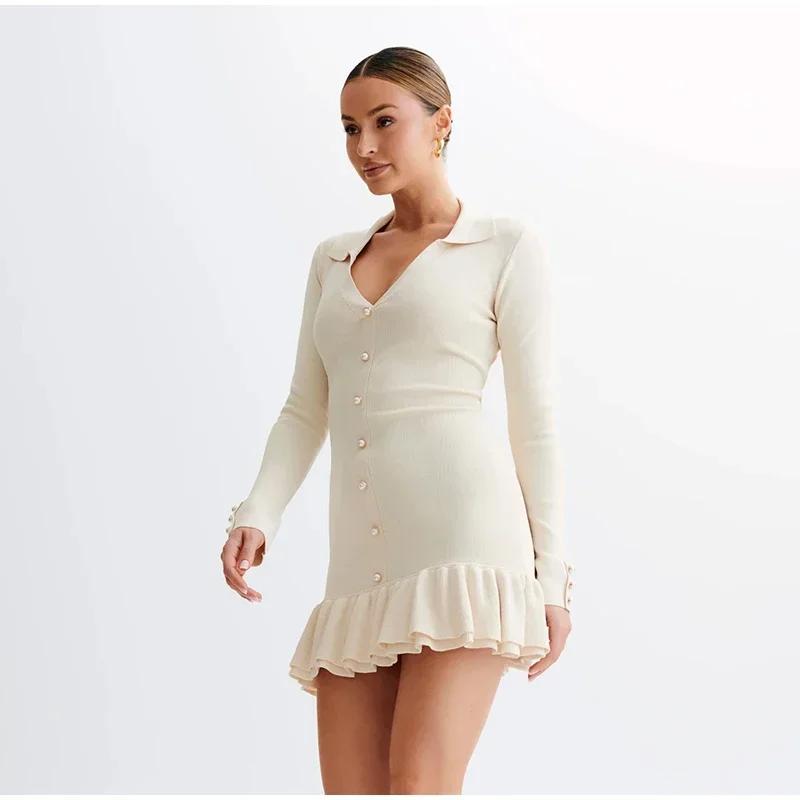 Элегантное трикотажное мини-платье с оборками, женское пэчворк, длинный рукав, V-образный вырез, бант, открытая спина, однобортное платье, женское вечернее платье