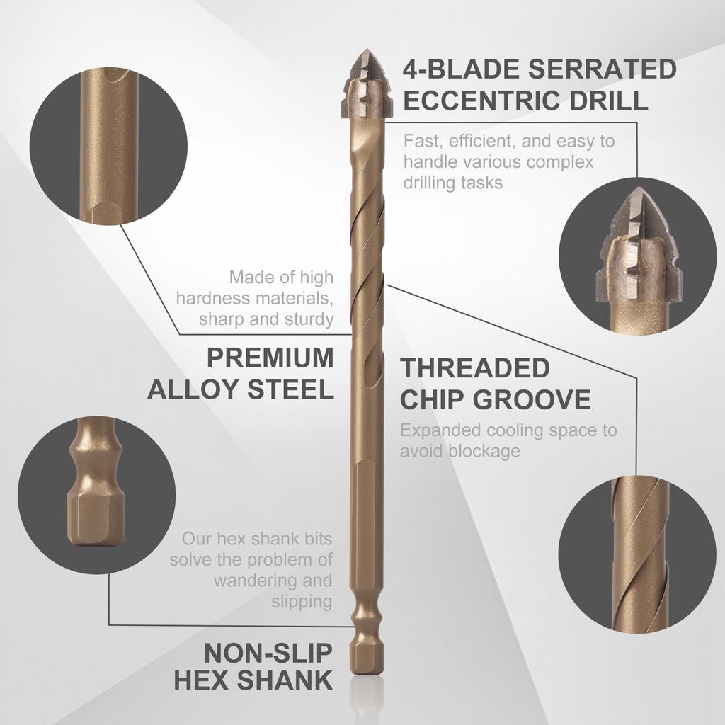 2Set Carbide Four Edged Serrated Drill Bit Efficient Drilling Masonry Drill Bit Set with Hexagonal Shank for Ceramic Tile