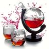 Men's Whiskey Decanter Set - Etched World Ball Design - Capacity 28 Oz/850 Ml, with Wooden Stand and 2 Glass - Men's Gift