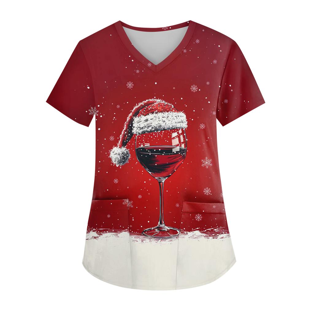 Women's V-neck Christmas Print Short-sleeved Pocket Side Slit Uniform Top