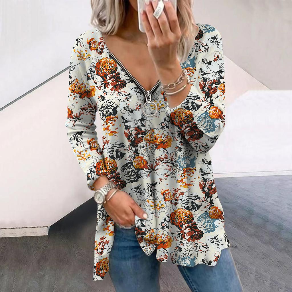 Женские футболки с длинным рукавом и принтом в виде осенних цветочных оранжевых роз, свободные футболки больших размеров с V-образным вырезом, удобные блузки