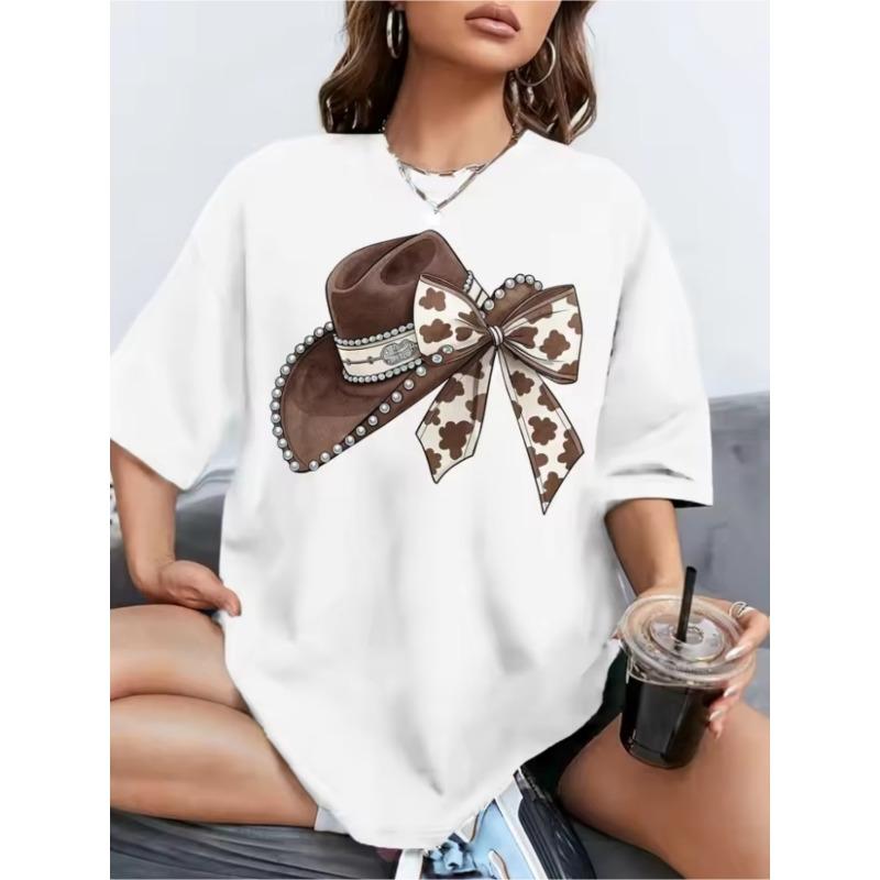 Европейский размер Западная ковбойская шляпа и футболка с принтом банта - Белая футболка с коротким рукавом, круглым вырезом, свободного кроя, с бантом и шляпой, Повседневная блузка для любого сезона