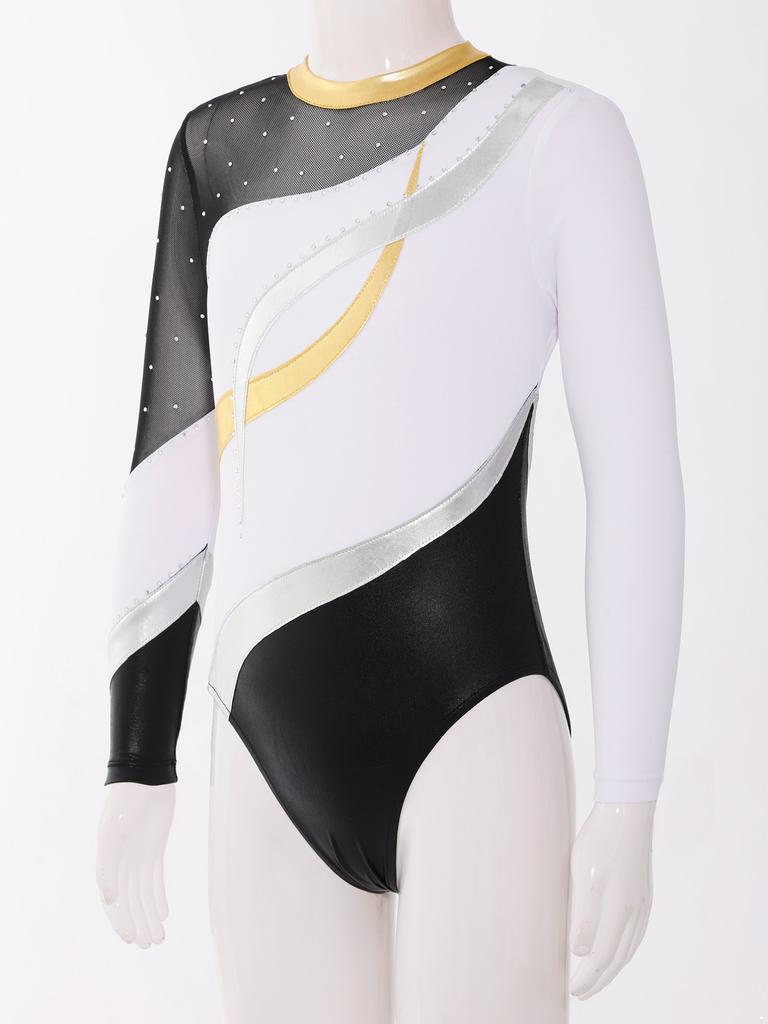 Kids Girls One Piece Leotard Shiny Rhinestone Decorated Gymnastics Jumpsuit Practice Outfits