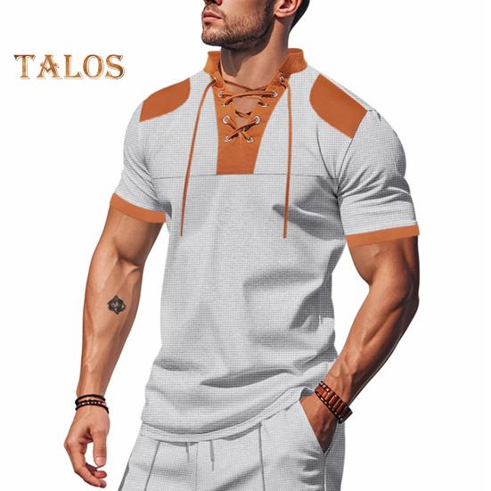 Мужская рубашка с V-образным вырезом на бретелях, цветная футболка с коротким рукавом в вафельную клетку, повседневная летняя футболка для повседневной вечеринки, офиса, путешествий