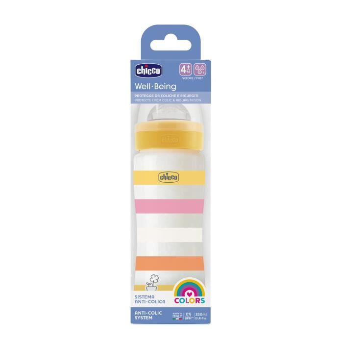 Chicco Biberon Bien-Être 330ml - Tétine Silicone - flux rapide - 4m+ Jaune