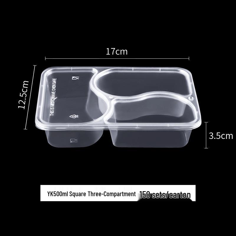 European & American Round Three-Compartment Disposable Lunch Box, Thickened Transparent Black Container for Takeaway Packaging