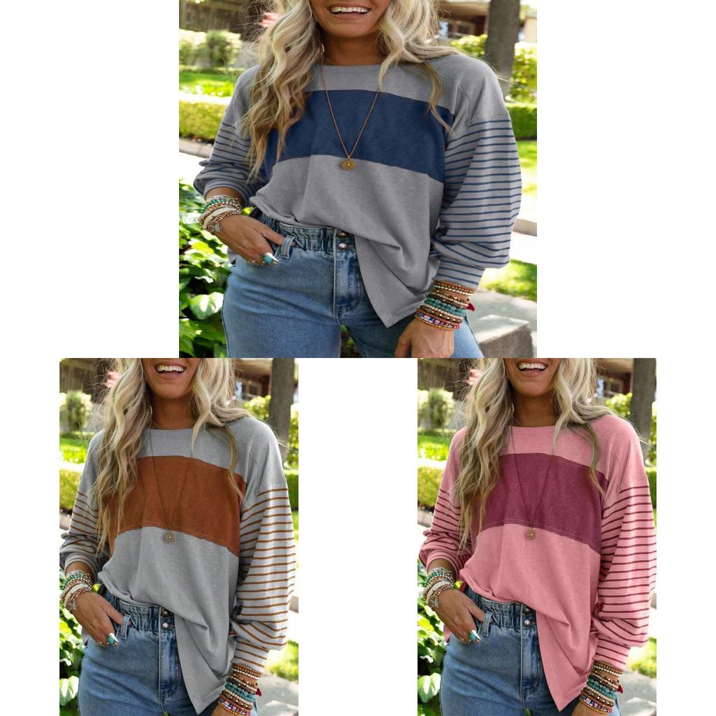 Polyester Striped Casual Long Sleeve T Shirt For Women With Color Block Design For Spring
