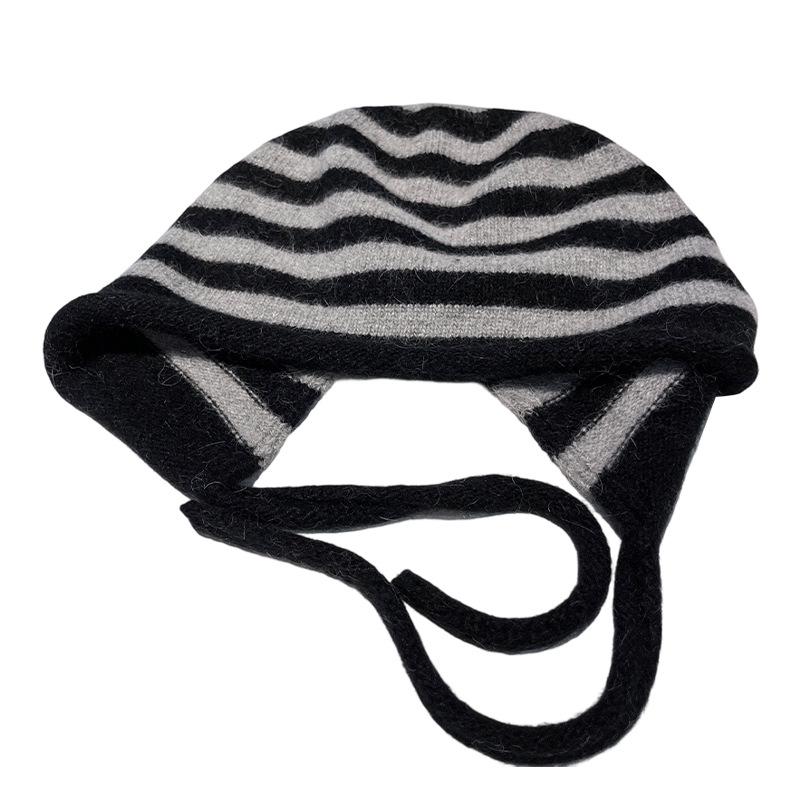 Contrasting Stripes Rabbit Hair Blended Hat Warm Wool Hat Curled Knitted Hat Windproof Ear Protector Split Cold Hat