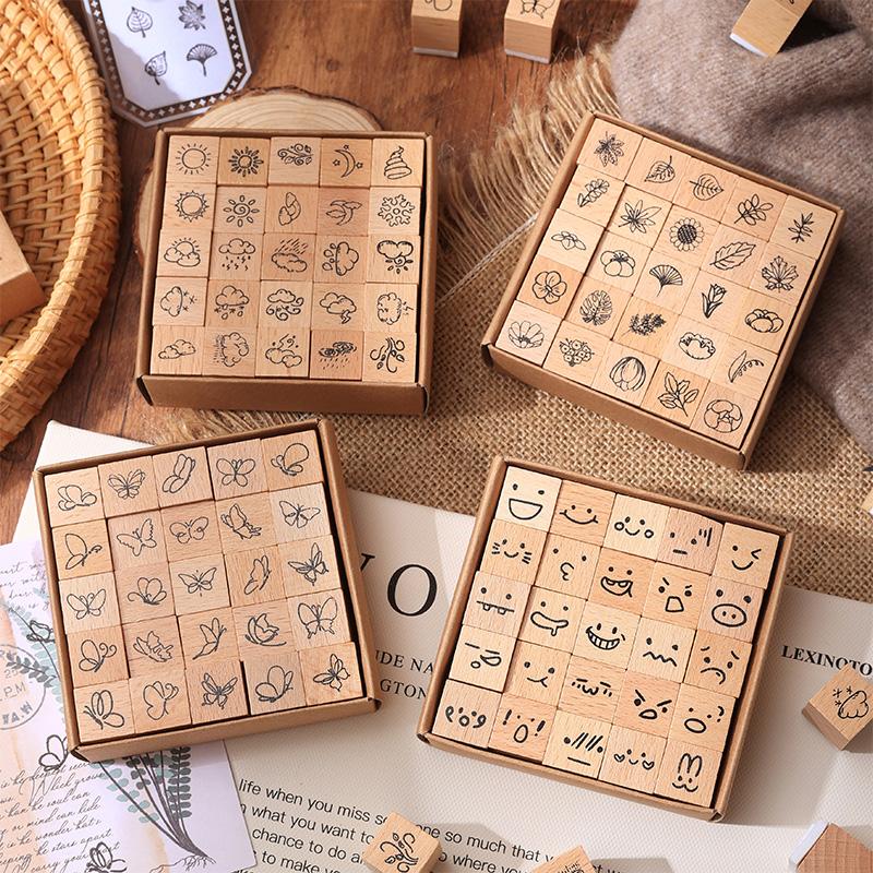 25 Pcs Plant Butterfly Weather Flower Week Wooden Rubber Stamp Scrapbooking Deco DIY Craft Standard Wooden Stamps Set