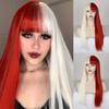 Women Fashion Long Straight Half Color Red White Cosplay Wig with Bangs Synthetic Fiber Long Straight Wig