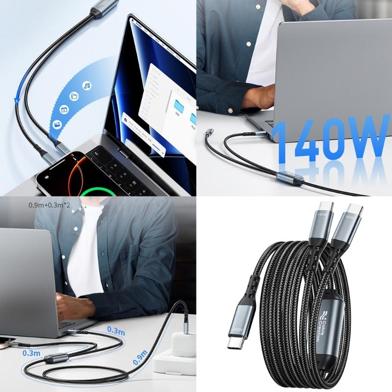 Кабель для передачи данных USB C на двойной USB C 140 Вт Кабель для супербыстрой зарядки 480 Мбит/с Высокоскоростная синхронизация данных Линия-разветвитель
