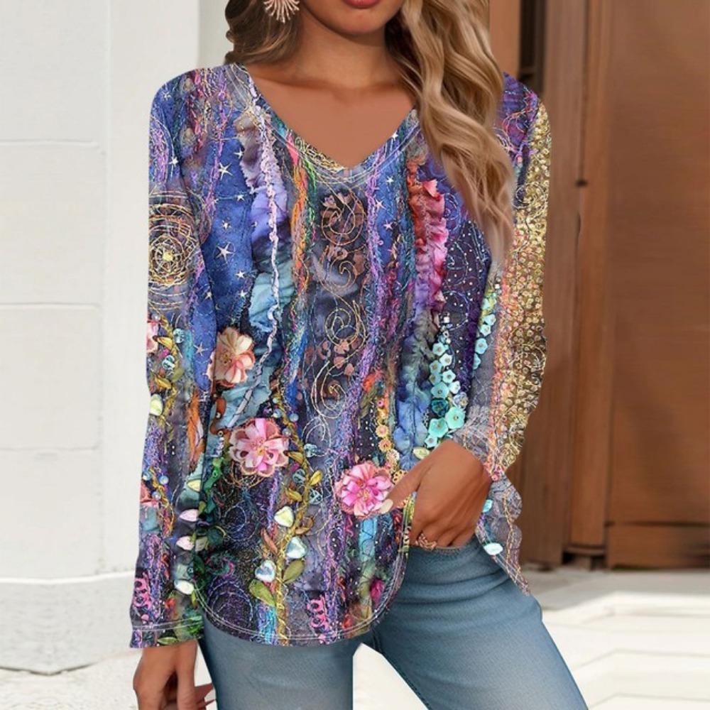 Женские топы, летние модные цветочные пуловеры с круглым вырезом, повседневные весенние топы для женщин, блузки с длинным рукавом